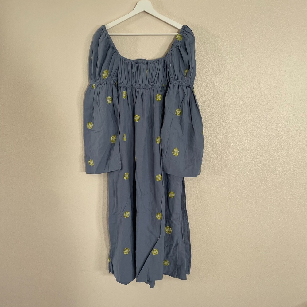 NWOT Free People Sun Embroidery Midi Dress Cottagecore L Blue Summer Linen Boho - Picture 15 of 16